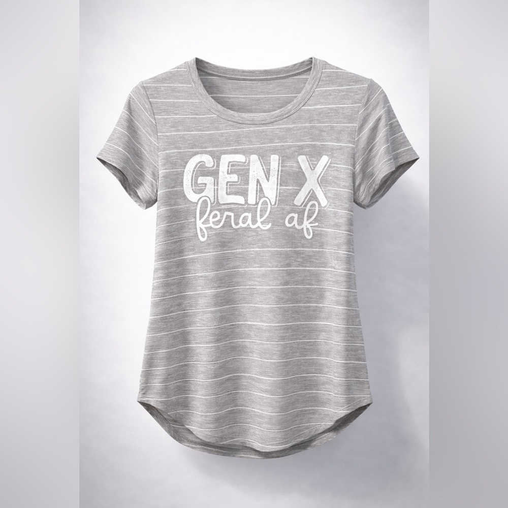 Gen X Feral AF Graphic Tee | New | Custom Screen Printed | Gray Stripe | M